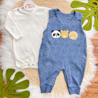 Conj. Body Manga Longa e Jardineira Suedine - Leão, Panda e Onça - Off White e Azul Jeans